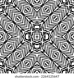 Vector geometric seamless pattern. Minimal ornamental background with abstract shapes. Black and white mandala. Simple abstract ornament background. Dark repeat design for decor, fabric, cloth.