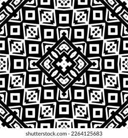 Vector geometric seamless pattern. Minimal ornamental background with abstract shapes. Black and white mandala. Simple abstract ornament background. Dark repeat design for decor, fabric, cloth.