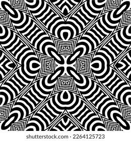 Vector geometric seamless pattern. Minimal ornamental background with abstract shapes. Black and white mandala. Simple abstract ornament background. Dark repeat design for decor, fabric, cloth.