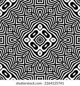 Vector geometric seamless pattern. Minimal ornamental background with abstract shapes. Black and white mandala. Simple abstract ornament background. Dark repeat design for decor, fabric, cloth.