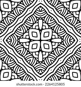 Vector geometric seamless pattern. Minimal ornamental background with abstract shapes. Black and white mandala. Simple abstract ornament background. Dark repeat design for decor, fabric, cloth.