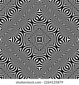 Vector geometric seamless pattern. Minimal ornamental background with abstract shapes. Black and white mandala. Simple abstract ornament background. Dark repeat design for decor, fabric, cloth.