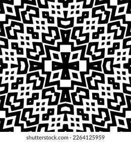 Vector geometric seamless pattern. Minimal ornamental background with abstract shapes. Black and white mandala. Simple abstract ornament background. Dark repeat design for decor, fabric, cloth.