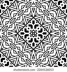 Vector geometric seamless pattern. Minimal ornamental background with abstract shapes. Black and white mandala. Simple abstract ornament background. Dark repeat design for decor, fabric, cloth.