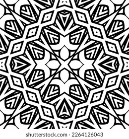 Vector geometric seamless pattern. Minimal ornamental background with abstract shapes. Black and white mandala. Simple abstract ornament background. Dark repeat design for decor, fabric, cloth.