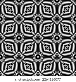 Vector geometric seamless pattern. Minimal ornamental background with abstract shapes. Black and white texture. Simple abstract ornament background. Dark repeat design for decor, fabric, cloth.