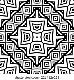 Vector geometric seamless pattern. Minimal ornamental background with abstract shapes. Black and white mandala. Simple abstract ornament background. Dark repeat design for decor, fabric, cloth.