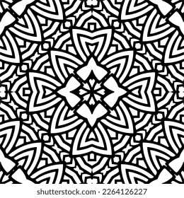 Vector geometric seamless pattern. Minimal ornamental background with abstract shapes. Black and white mandala. Simple abstract ornament background. Dark repeat design for decor, fabric, cloth.
