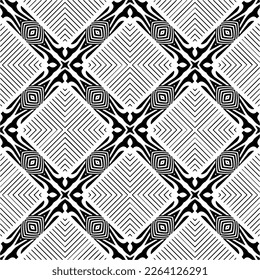 Vector geometric seamless pattern. Minimal ornamental background with abstract shapes. Black and white texture. Simple abstract ornament background. Dark repeat design for decor, fabric, cloth.