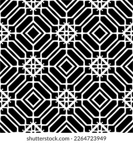 Vector geometric seamless pattern. Minimal ornamental background with abstract shapes. Black and white texture. Simple abstract ornament background. Dark repeat design for decor, fabric, cloth.