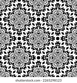 Vector geometric seamless pattern. Minimal ornamental background with abstract shapes. Black and white texture. Simple abstract ornament background. Dark repeat design for decor, fabric, cloth.