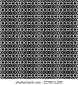 Vector geometric seamless pattern. Minimal ornamental background with abstract shapes. Black and white texture. Simple abstract ornament background. Dark repeat design for decor, fabric, cloth.