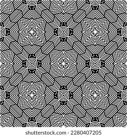 Vector geometric seamless pattern. Minimal ornamental background with abstract shapes. Black and white texture. Simple abstract ornament background. Dark repeat design for decor, fabric, cloth.