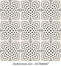 Vector geometric seamless pattern. Modern texture with cubic grid, distorted surface. Optical illusion effect. Monochrome abstract background. Op art style. Black and white repeat decorative design