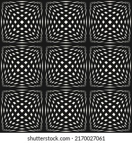 Vector geometric seamless pattern. Modern texture with cubic grid, distorted surface. Optical illusion effect. Monochrome abstract background. Op art style. Repeat dark design for decor, cover, print