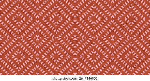 Vector geometric seamless pattern. Modern abstract background with squares, rhombuses, grid, wicker texture. Ethnic folk style ornament. Red and pink color. Repeated retro-inspired decorative design