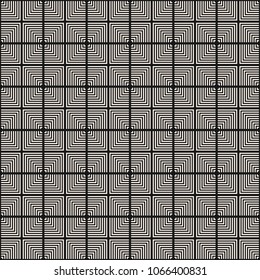 Vector geometric seamless pattern. Monochrome texture with lines, squares, stripes, repeat tiles. Abstract graphic linear ornament. Simple modern black and white background. Hipster fashion design