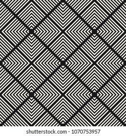 Vector geometric seamless pattern. Monochrome texture with squares, lines, diagonal grid, lattice, stripes, repeat tiles. Abstract graphic linear ornament. Simple modern black and white background