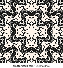 Vector Geometric Seamless Pattern With Mosaic Structure, Grid, Lattice, Chevron, Zigzag, Arrows, Diamond Shapes. Abstract Black And White Geo Texture. Simple Modern Monochrome Repeated Background