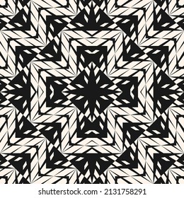 Vector Geometric Seamless Pattern With Mosaic Structure, Grid, Lattice, Chevron, Zigzag, Arrows, Stars, Diamond Shapes. Abstract Black And White Geo Texture. Simple Modern Monochrome Background