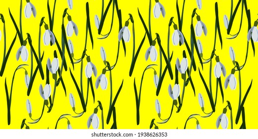 vector geometric seamless pattern on bright yellow background with small white flowers bells