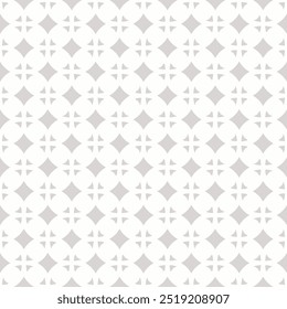 Vector geometric seamless pattern in oriental style. Subtle light gray and white ornament. Abstract background with floral silhouettes, diamonds. Simple elegant repeating geo design for decor, fabric