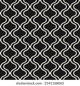 Vector geometric seamless pattern in oriental style. Abstract minimal background with wavy lines, grid, lattice, mesh, lace, net. Simple black and white texture. Repeated ornamental dark geo design