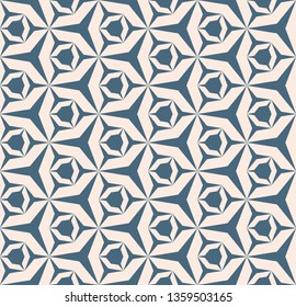 Vector geometric seamless pattern. Ornament with hexagons, triangles, diamonds, grid, mesh, repeat tiles. Ornamental background in soft blue and beige color. Simple modern texture. Abstract design