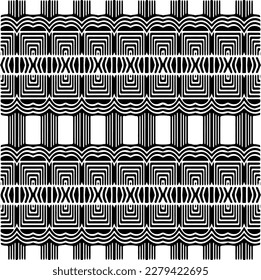 Vector geometric seamless pattern. Ornamental background with abstract shapes. Black and white texture. Abstract ornament background. Dark repeat design for decor, fabric, cloth.Abstraction art.