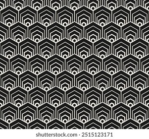 Vector geometric seamless pattern with outline hexagons, tiles, fish scale grid. Black and white abstract minimal background. Simple monochrome geo texture. Art deco style. Repeated design for print