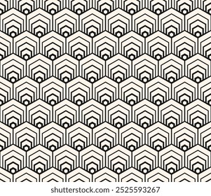 Vector geometric seamless pattern with outline hexagons, tiles, fish scale grid. Black and white abstract background. Simple monochrome minimal texture. Art deco style. Repeated geo design for decor