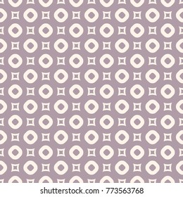 Vector geometric seamless pattern in pastel colors, purple and beige. Abstract texture with small perforated circles and squares. Simple elegant background. Repeat design for decor, wrapping, cloth