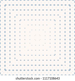 Vector geometric seamless pattern with radial halftone transition effect in square form. Subtle vector background with small rhombuses, diamonds, lines, grid. Pale blue and white colors. Trendy design