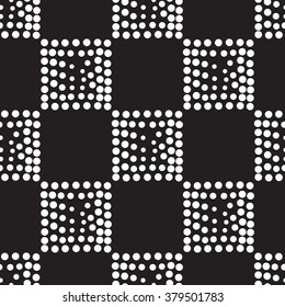 Vector geometric seamless pattern. Repeating abstract square gradation in black and white. Modern halftone design, pointillism, illusion