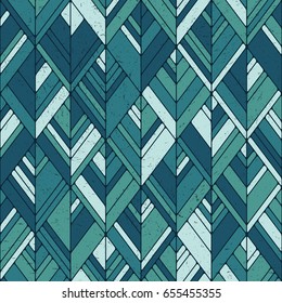 Vector Geometric Seamless Pattern. Repeating Abstract Background with Grunge Texture. Vintage Graphic Ornament with Geometric Leaves