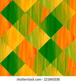 Vector geometric seamless pattern. Retro green-yellow background. Bright acrylic brush strokes. 