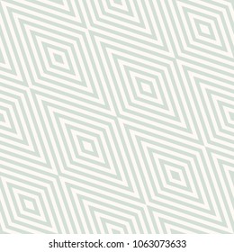 Vector geometric seamless pattern with rhombuses, stripes, diagonal lines, zigzag, chevron. Subtle abstract striped texture. Retro vintage style. Pale green and beige background. Repeat design element