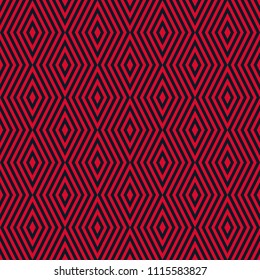 Vector geometric seamless pattern with rhombuses, stripes, diagonal lines. Elegant abstract striped texture in red and black colors. Stylish ornamental background. Holiday festive repeat design 