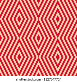 Vector geometric seamless pattern with rhombuses, stripes, diagonal lines. Retro abstract striped texture in red and tan colors. Stylish ornamental background. Holiday festive design for decor, print
