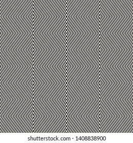 Vector geometric seamless pattern with rhombuses, stripes, thin lines, zig zag, chevron. Black and white abstract striped texture. Stylish monochrome background. Simple repeat design for decor, print