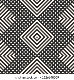 Vector geometric seamless pattern with rhombuses, diamonds, lines, squares, tiles, grid, net, lattice. Abstract black and white graphic texture. Simple monochrome background. Modern repeating design