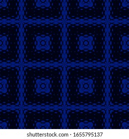 Vector geometric seamless pattern with rhombuses, diamond shapes, grid, net, mesh, gradient illusion. Halftone transition effect. Deep blue and black background. Modern abstract texture. Repeat design