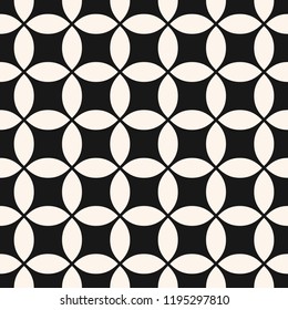 Vector geometric seamless pattern with rounded grid, net, mesh, lattice, weave, squares, circles. Simple abstract black and white background. Minimal monochrome repeat design for decor, fabric, cloth