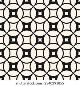 Vector geometric seamless pattern with rounded grid, net, mesh, lattice, circles, curved lines. Simple abstract black and white background. Monochrome ornament texture. Repeatable decorative design