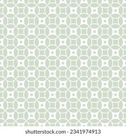 Vector geometric seamless pattern with rounded grid, net, mesh, lattice, circles, squares, curved lines. Simple abstract sage green background. Delicate minimal ornament texture. Repeat geo design