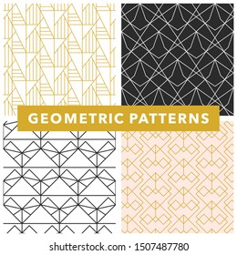 Vector geometric seamless pattern set, black, gold and white elegant minimal ornament, mono line grid, modern abstract linear simple vector background pack. Modern fashion, wallpaper texture.