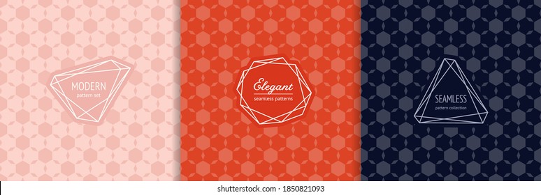 Vector geometric seamless pattern set. Collection of simple background swatches with elegant minimal labels, badges. Abstract modern textures with hexagons, diamonds. Pink, orange and dark blue color