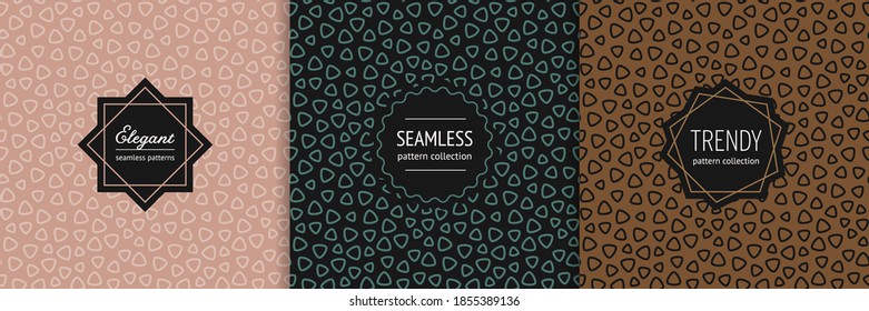Vector geometric seamless pattern set. Collection of simple vintage background swatches with elegant minimal labels, stickers, frames. Abstract modern textures, organic shapes, trendy color design