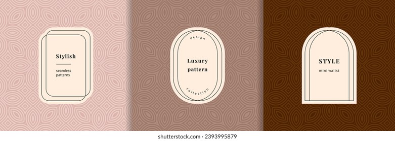 Vector geometric seamless pattern set with modern minimal labels, frames. Elegant linear textures with floral shapes, leaves, grid. Trendy ornament background. Luxury pastel design for print, banner