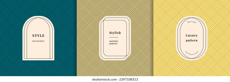 Vector geometric seamless pattern set with modern minimal labels, borders, frames. Elegant linear flat geo textures. Trendy ornament background. Luxury design for print, banner, product package, decor